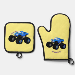 Cute blue monster truck cartoon illustration oven mitt & pot holder set
