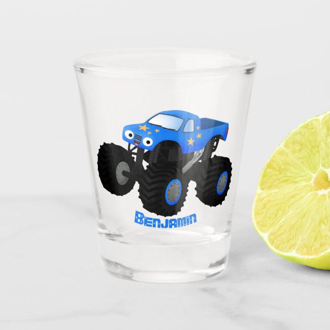 Cute blue monster truck cartoon illustration  shot glass (Front)