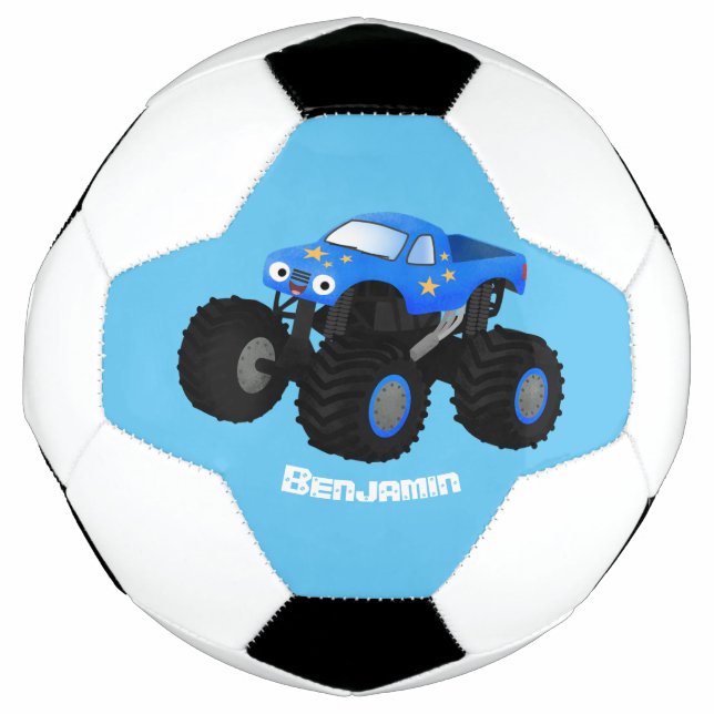 Cute blue monster truck cartoon illustration soccer ball (Front)