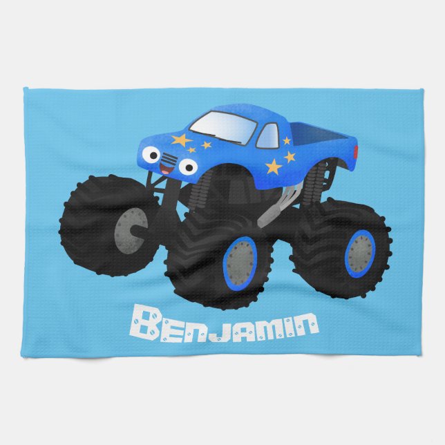Cute blue monster truck cartoon illustration tea towel (Horizontal)