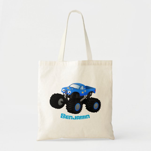 Cute blue monster truck cartoon illustration tote bag (Front)