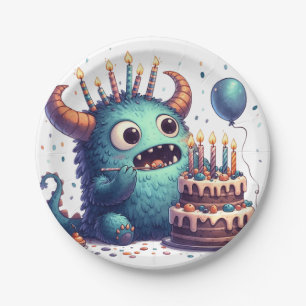 Cute Blue Monster With Birthday Cake Paper Plate