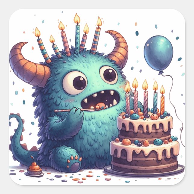 Cute Blue Monster With Birthday Cake Square Sticker (Front)