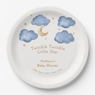 Cute Blue Moon Stars Twinkle Twinkle Baby Shower Paper Plate