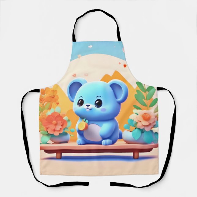 Cute Blue Mouse with Flowers Apron (Front)