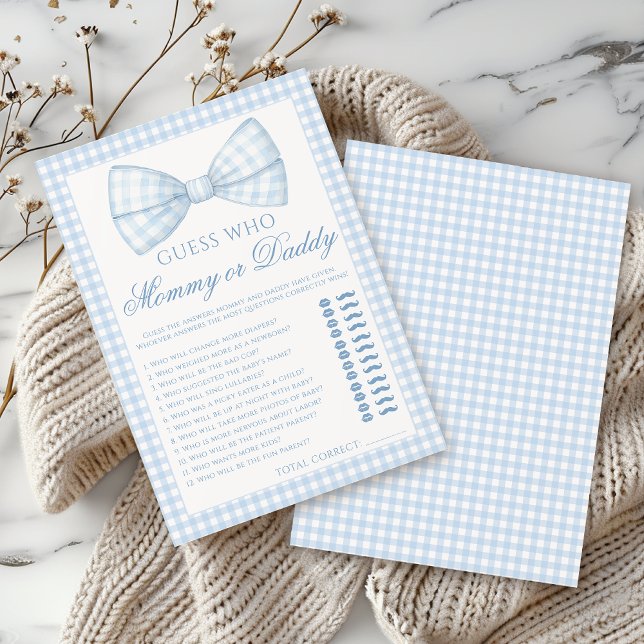 Cute blue mummy or daddy bow tie baby shower game invitation (Creator Uploaded)