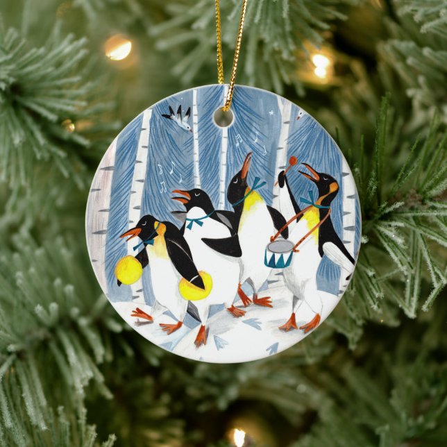 Cute blue musicians penguins snow fun holiday  ceramic tree decoration (Tree)