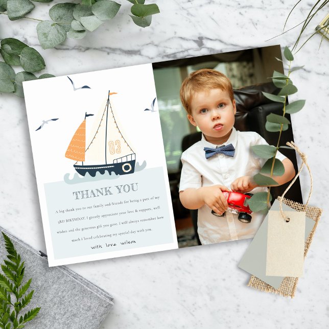 Cute Blue Nautical Sailboat Kids Photo Birthday Thank You Card (Creator Uploaded)