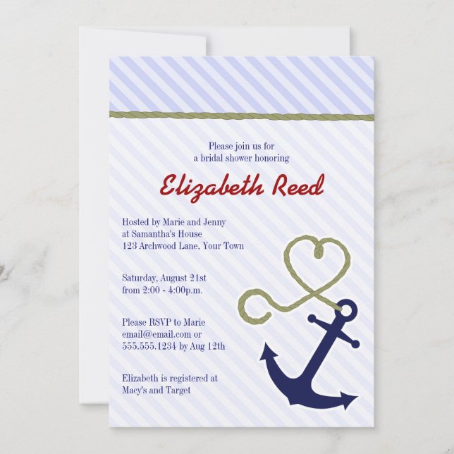 Cute Blue Nautical Theme Anchor Bridal Shower Invitation (Front)