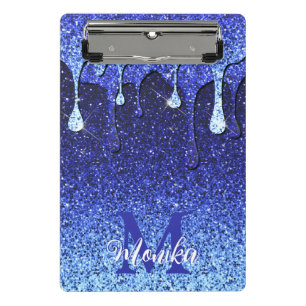 Cute Blue Navy Glitter Drips Monogram Mini Clipboard