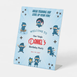 Cute Blue Ninja Squad Boy Birthday Party Pedestal Sign