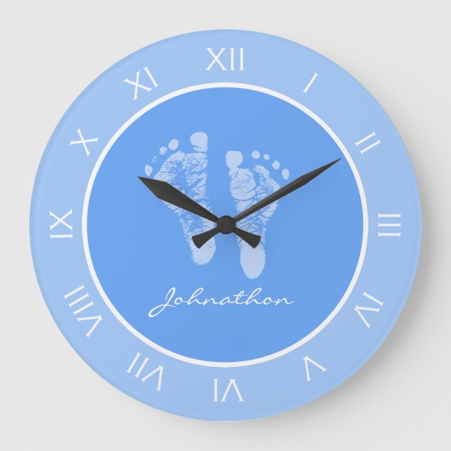 Cute Blue Nursery Footprints With Baby Boy Name Large Clock (Front)