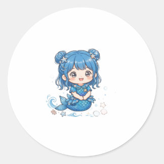 Cute Blue Ocean Mermaid Girl T-Shirt - Kawaii Chib Classic Round Sticker