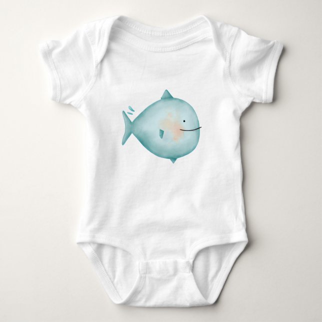 Cute Blue Ocean Shark Kids Baby Bodysuit (Front)