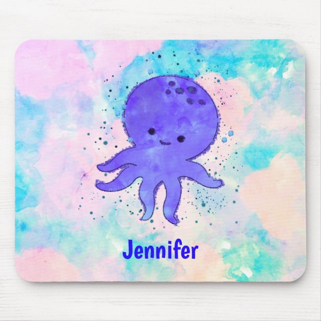 Cute Blue Octopus Cartoon Watercolor Custom Name Mouse Pad (Front)