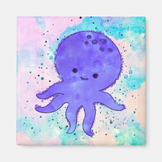 Cute Blue Octopus Cartoon Watercolor Magnet (Front)