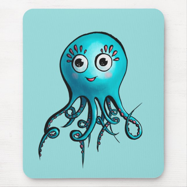 Cute Blue Octopus - Kawaii Cartoon Sea Animal Mouse Pad (Front)