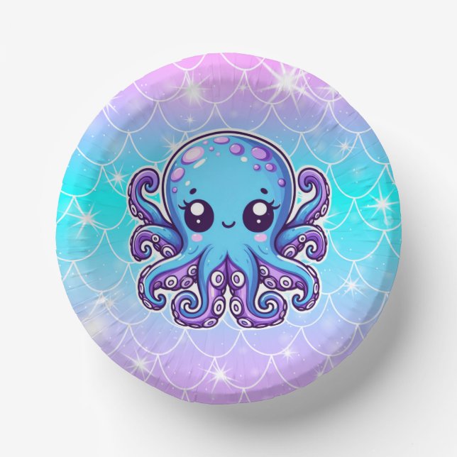 Cute blue octopus paper plate (Front)