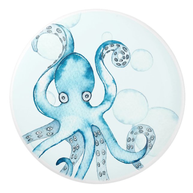 Cute Blue Octopus Sea Life Baby Boy Nursery Ceramic Knob (Front)