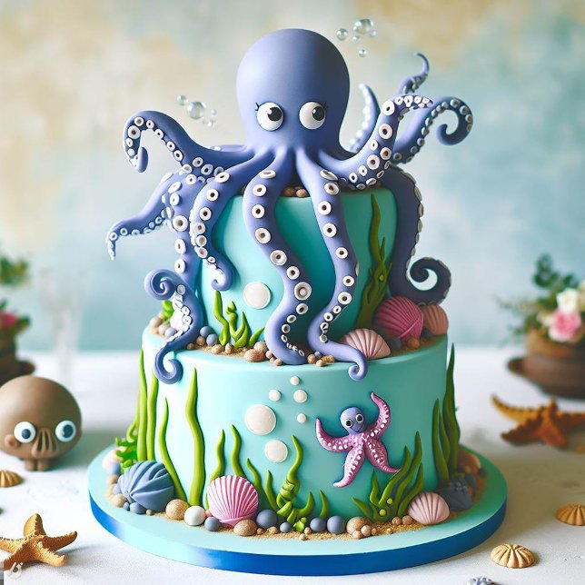 CUTE BLUE OCTOPUS THEMED BIRTHDAY CAKE  INVITATION (Creator Uploaded)