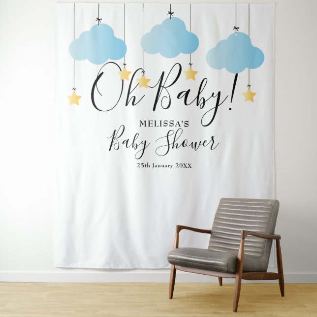 Cute Blue Oh Baby Shower Photo Booth Backdrop Tapestry (In Situ)