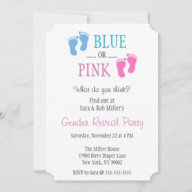 Cute Blue or Pink Footprint Gender Reveal Invite (Front)