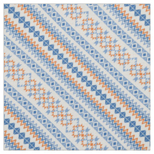 Cute blue orange Aztec Tribal Motif Pattern Fabric