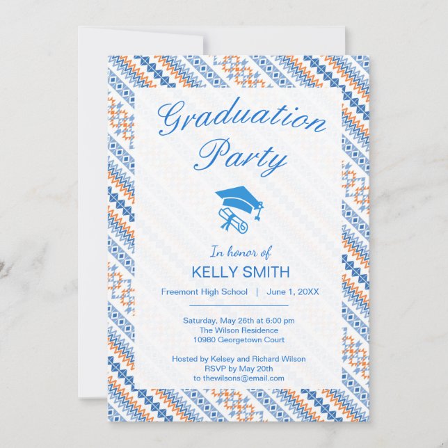Cute blue orange Aztec Tribal Motif Pattern Invitation (Front)