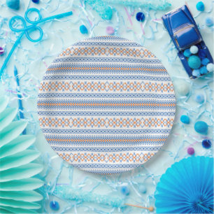 Cute blue orange Aztec Tribal Motif Pattern Paper Plate