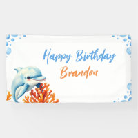 Cute Blue & Orange Coral Dolphin Kids Birthday