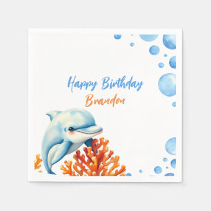 Cute Blue & Orange Coral Dolphin Kids Birthday Napkin