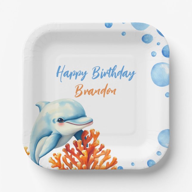 Cute Blue & Orange Coral Dolphin Kids Birthday Paper Plate (Front)