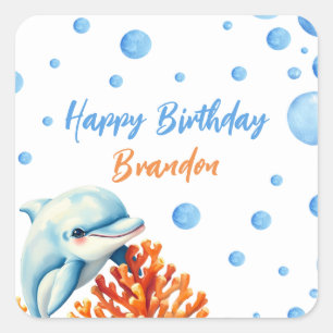 Cute Blue & Orange Coral Dolphin Kids Birthday Square Sticker