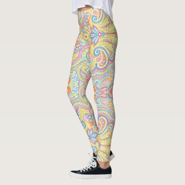 Cute Blue Orange Pink Purple White Paisley Floral Leggings (Left)