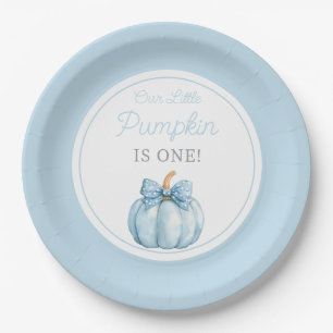 Cute Blue Our Little Pumpkin Boy First Birthday Paper Plate