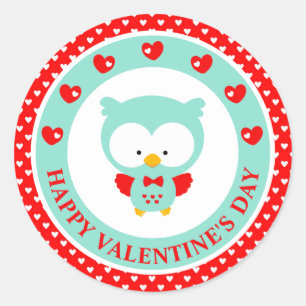 Cute Blue Owl and Hearts Valentine's Day Classic Round Sticker