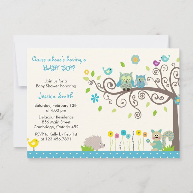 Cute Blue Owl Boy Baby Shower Invitations (Front)