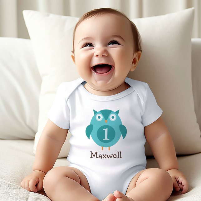 Cute Blue Owl Boy Name First Birthday Party Baby Bodysuit (Creator Uploaded)