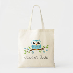 Cute blue owl on branch personalised library book tote bag