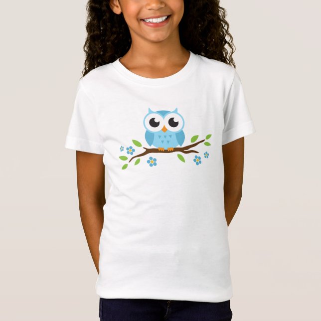 Cute blue owl on branch with flowers and leaves T-Shirt (Front)
