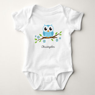 Cute blue owl on floral branch personalised name baby bodysuit