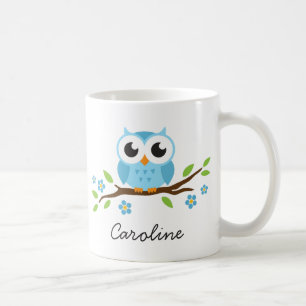 Cute blue owl on floral branch personalised name coffee mug