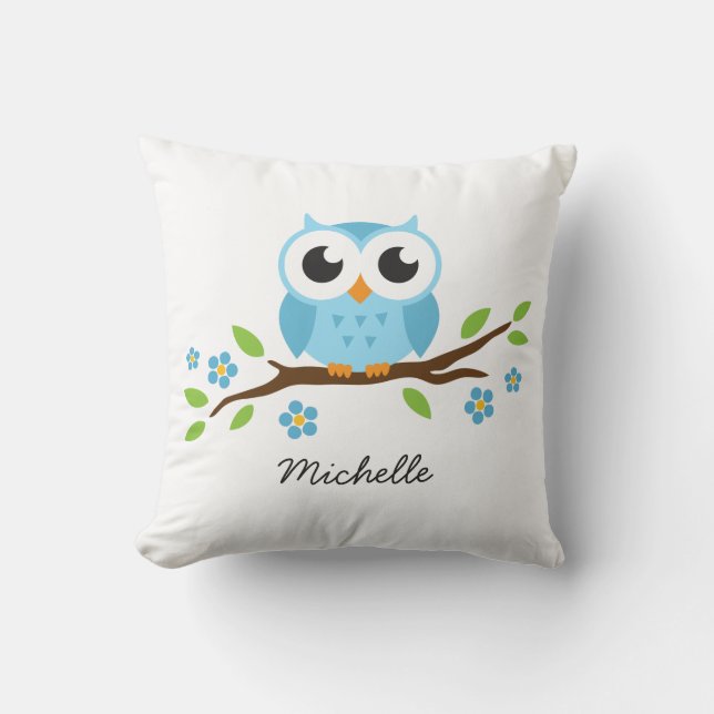 Cute blue owl on floral branch personalised name cushion (Front)