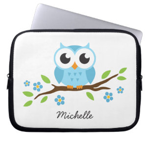 Cute blue owl on floral branch personalised name laptop sleeve