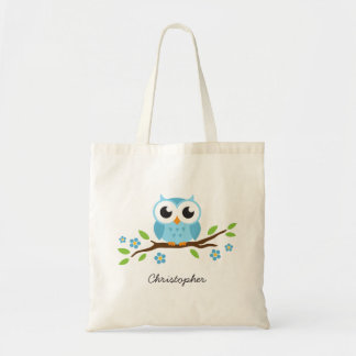Cute blue owl on floral branch personalised name tote bag
