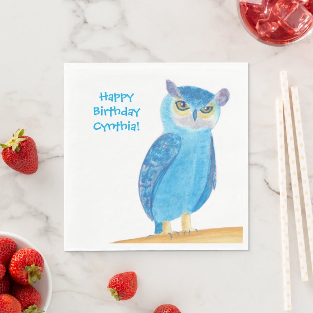 Cute Blue Owl, Personalised Birthday Napkins (Insitu)
