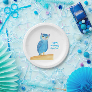 Cute Blue Owl Personalised Paper Plates, Birthday Plate