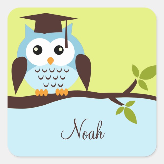Cute Blue Owl Square Sticker (Front)