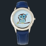 Cute Blue Owl Watch<br><div class="desc">Stylish custom watch features a sweet vector illustration of an owl perched on a tree branch on a polka dots pattern background. Babystar Design at mygrafico.com</div>