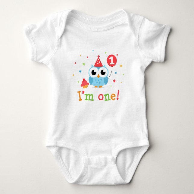 Cute, blue owl with balloon and cupcake I am one Baby Bodysuit (Front)